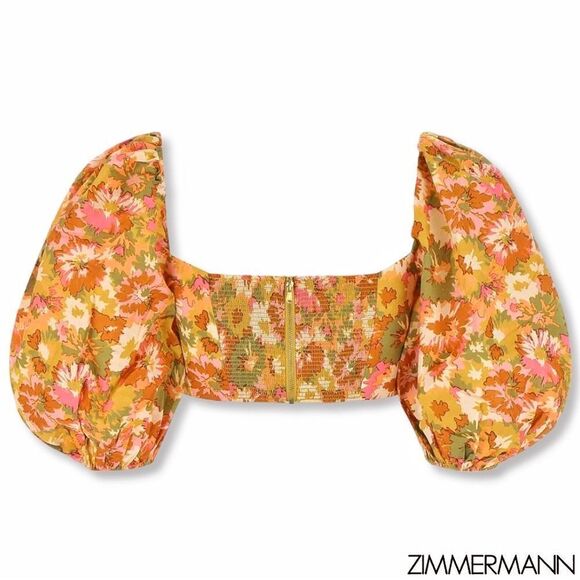 ZIMMERMANN Violet Twist Front Puff Sleeve Crop Top in Khaki Multi Floral - Picture 16 of 16